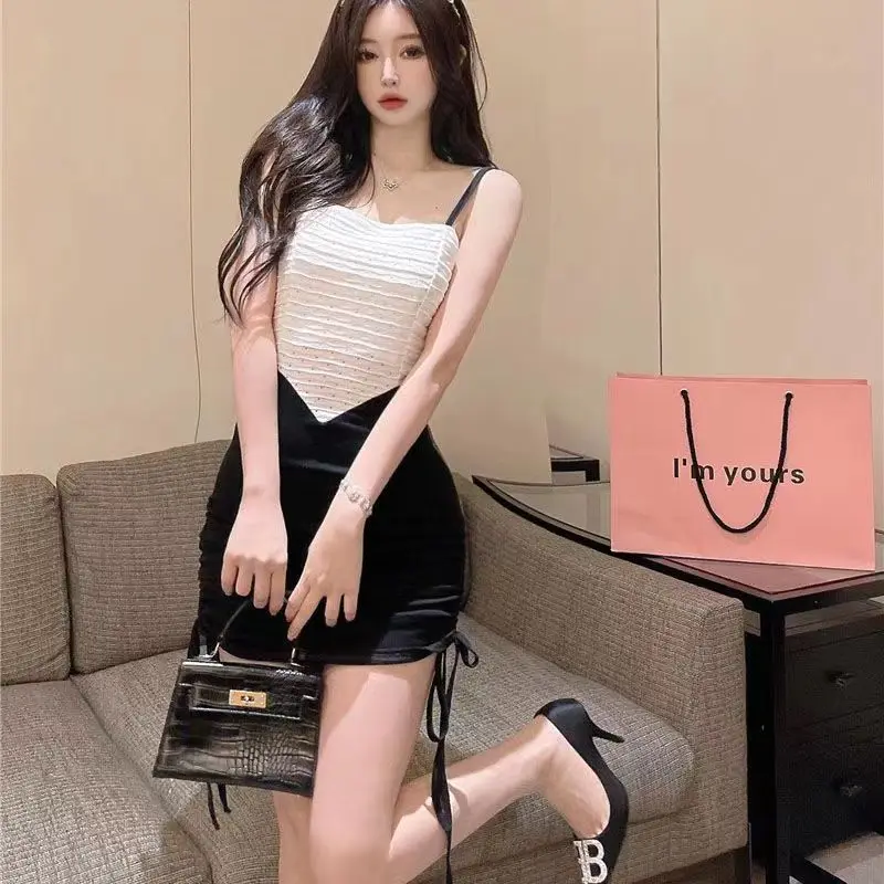 

Nightclub Color Collision Stitching Drawstring Suspender Skirt Sexy Temperament Waist Slimming Fake Two Pieces Of Package Buttoc