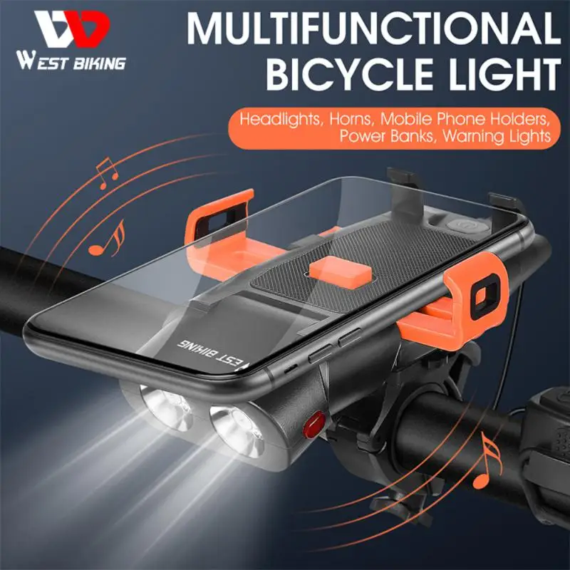 

West Biking Headlight Bicycle Mobile Phone Bracket LED USB Rechargeable Ligh Torch Cycling Flashing Front Lamp Bike Accessories