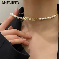 anenjery 316l stainless steel pearl lucky letter clavicle necklace new french simple womens necklace party jewelry gift