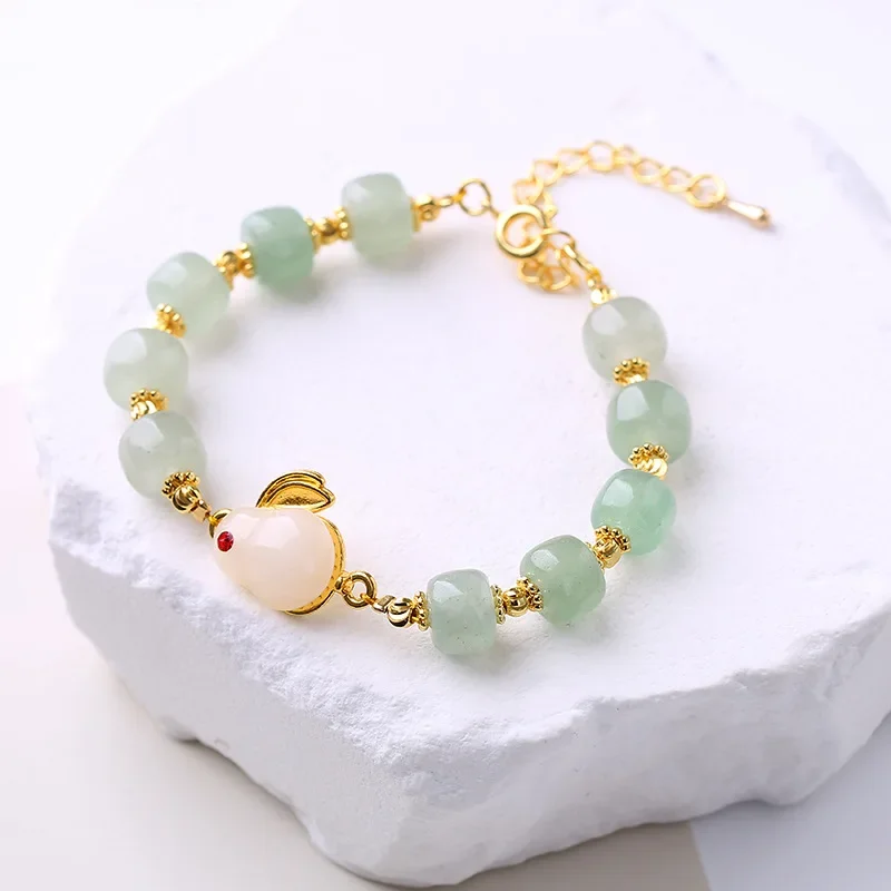 

Браслет из натурального камня, элегантный браслет в виде кролика, женский зеленый браслет с бусинами для девочек