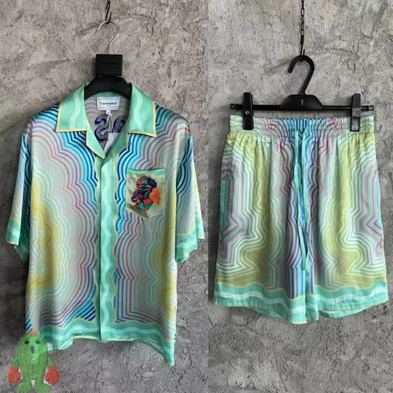 Suit CASABLANCA Silk Shirts Gradient Poker King Print Short Sleeve Couple Hawaiian Shirt Set