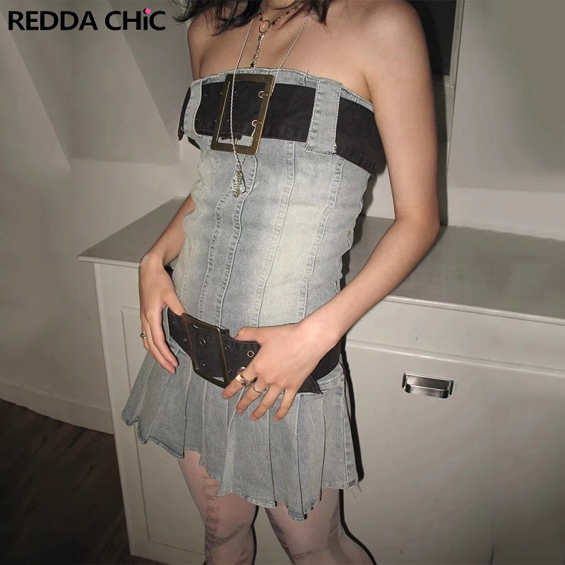 

REDDACHiC Summer One-Piece Belt Corset Denim Dress Pleated Short Jeans Grunge Y2k Vintage Miniskirt Women Sexy Bodycon Dresses
