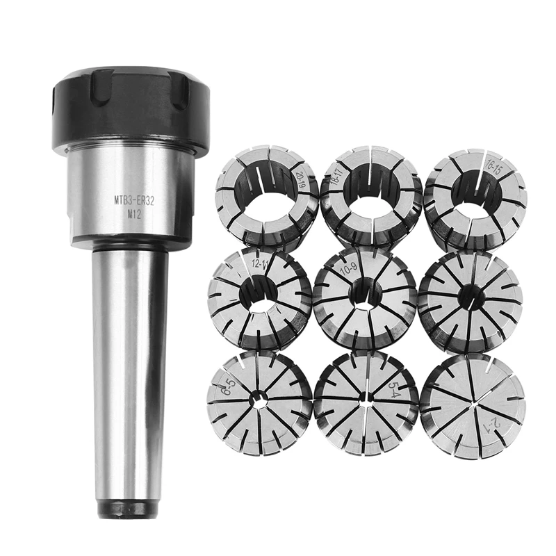

10Pcs ER32 Spring Collets Set 2/4/6/8/10/12/16/18/20Mm + MT3 M12 ER32 Collet Chuck Morse Taper Holder