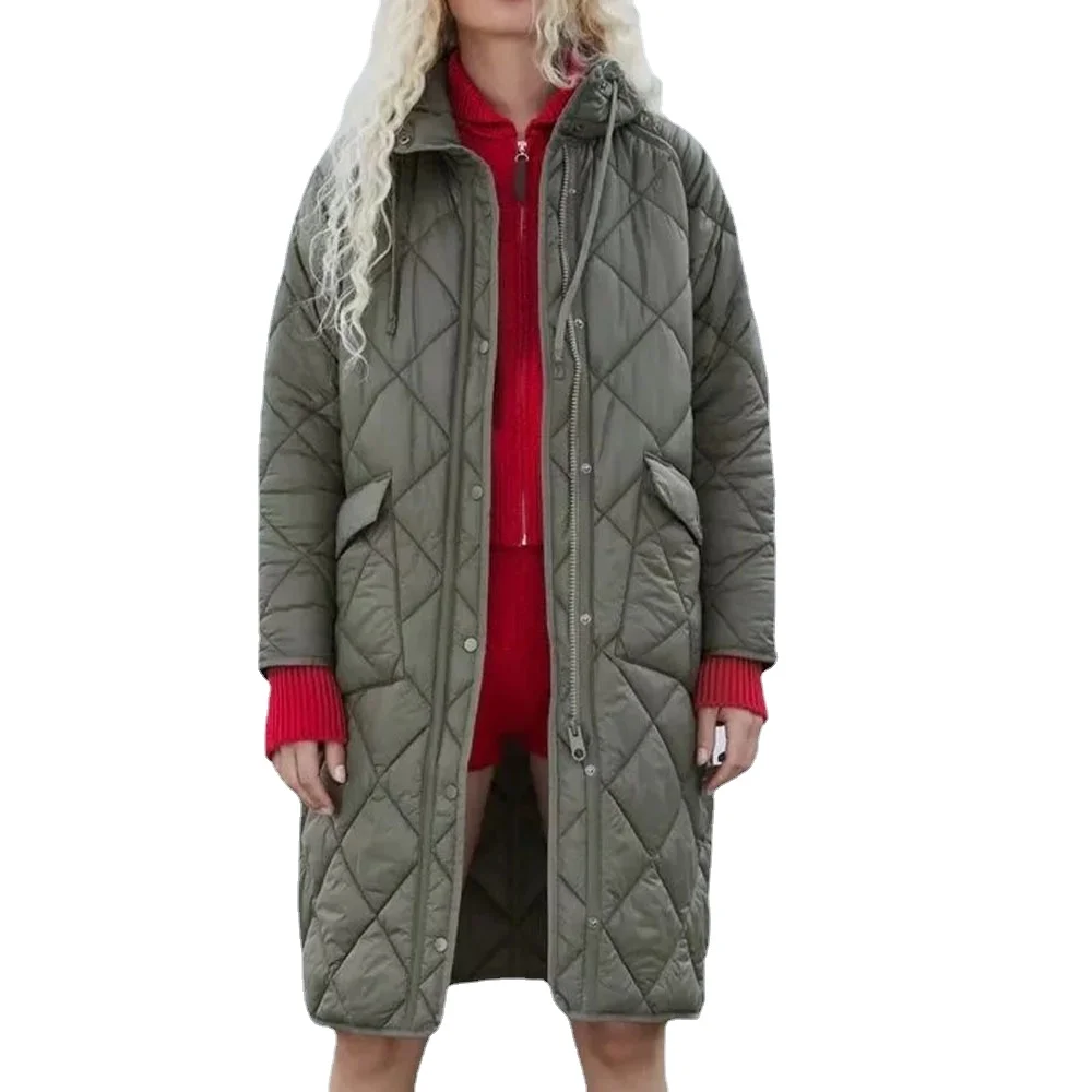 Autumn and Winter New Solid Color Medium Long Hooded Cotton Coat Women