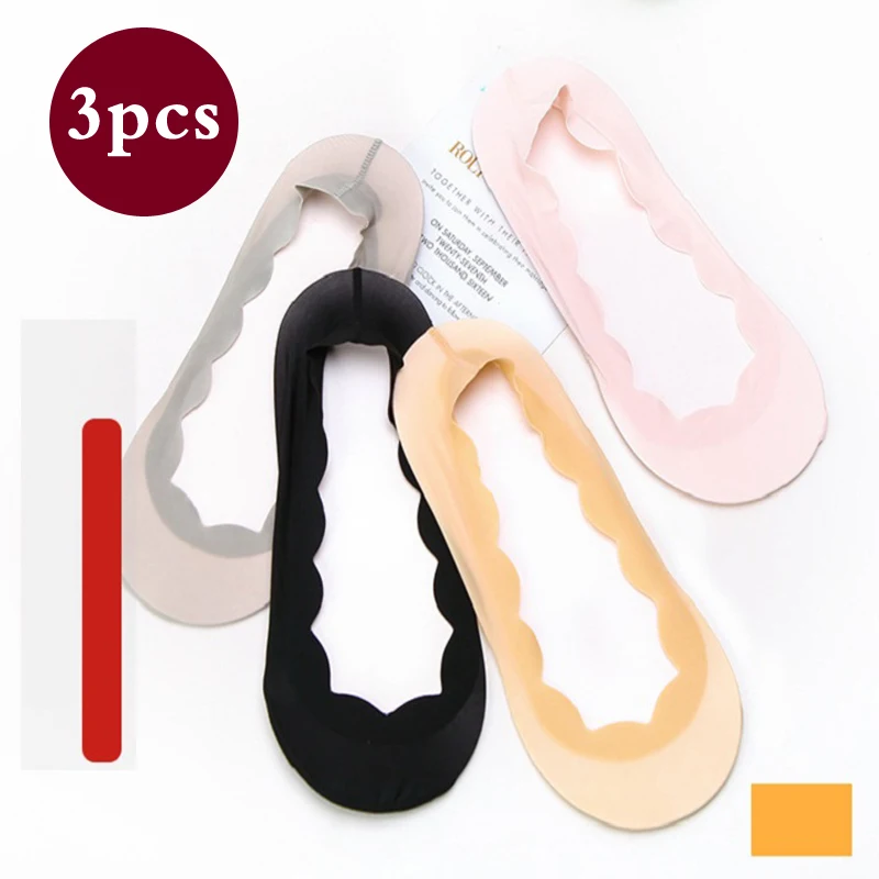 

3Pairs/Set Women Cottton Invisible Socks Wavy Edge Silicone Non-slip Solid Color Sock Female Summer Perspective Breathable Socks