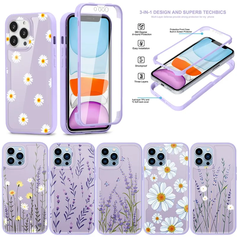 

Полное покрытие 360 для iPhone SE 2020 7 8 Plus X XR XS Max 11 12 13 Pro Max 13, мини-мягкий передний протектор + задний противоударный чехол с цветами