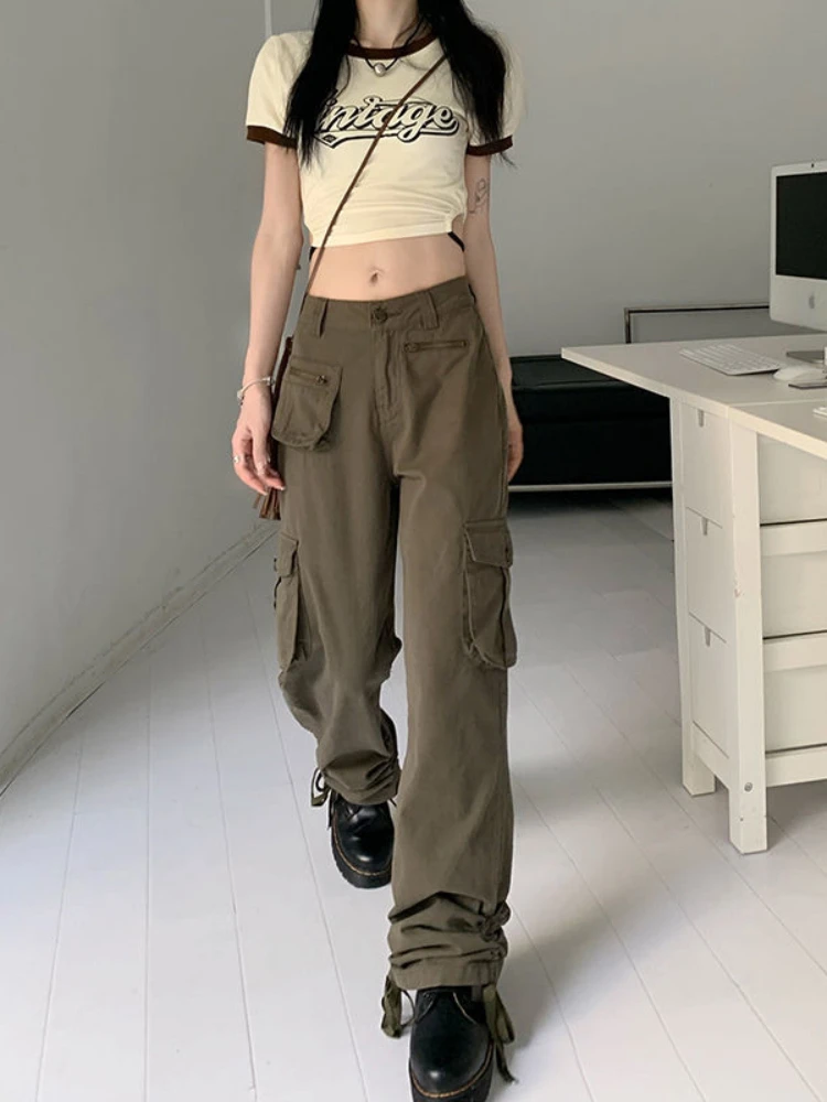 

HOUZHOU Low Waist Y2K Cargo Jeans Women Grunge Streetwear Oversize Parachute Pants Female Pockets Retro 90s Beige Denim Trousers