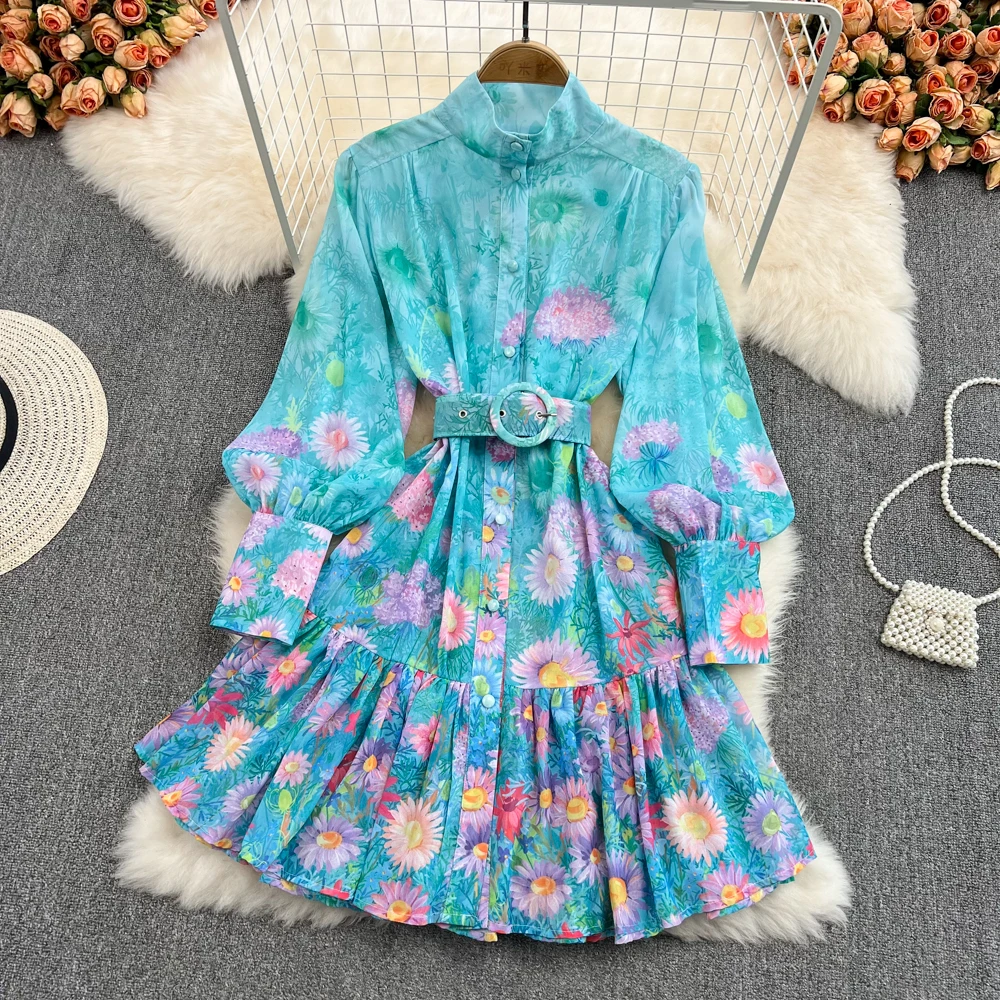 

YIZZHOY Spring Autumn New Women Stand Collar High Waist Slim Dress Female Lantern Long Sleeve Printed A-Line Dresses With Belt