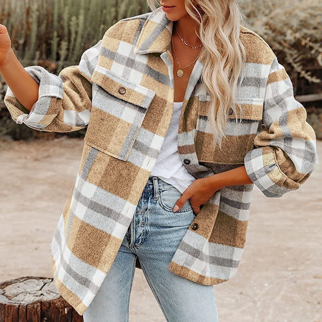 

Women's Jacket Plaid Shirts Coat Jacket Long Sleeve Lapel Collar Pocket Casual Blouses Tops Cotton FemaleAutumn Winter Outwear