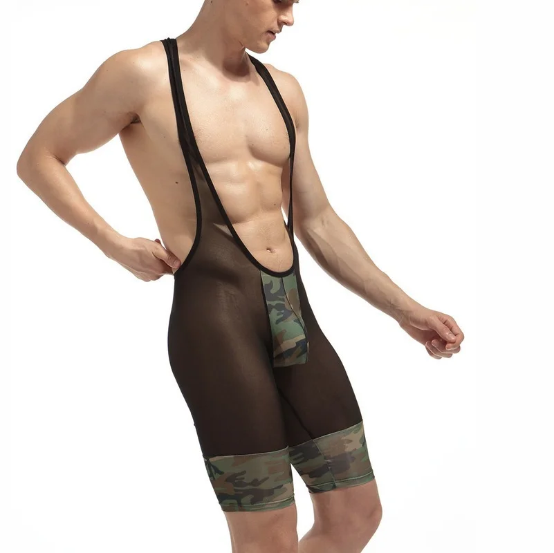 Mesh Men Undershirt Sexy Jumpsuit See Camouflage Soft Breathable Underwear Transparent Shorts Bodysuits Boxers Wrestling Suits