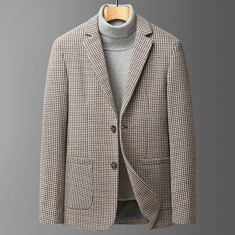 

Autumn and winter woolen suit for middle-aged men's coat with thick small suit with plaid single coat men jacket blazer