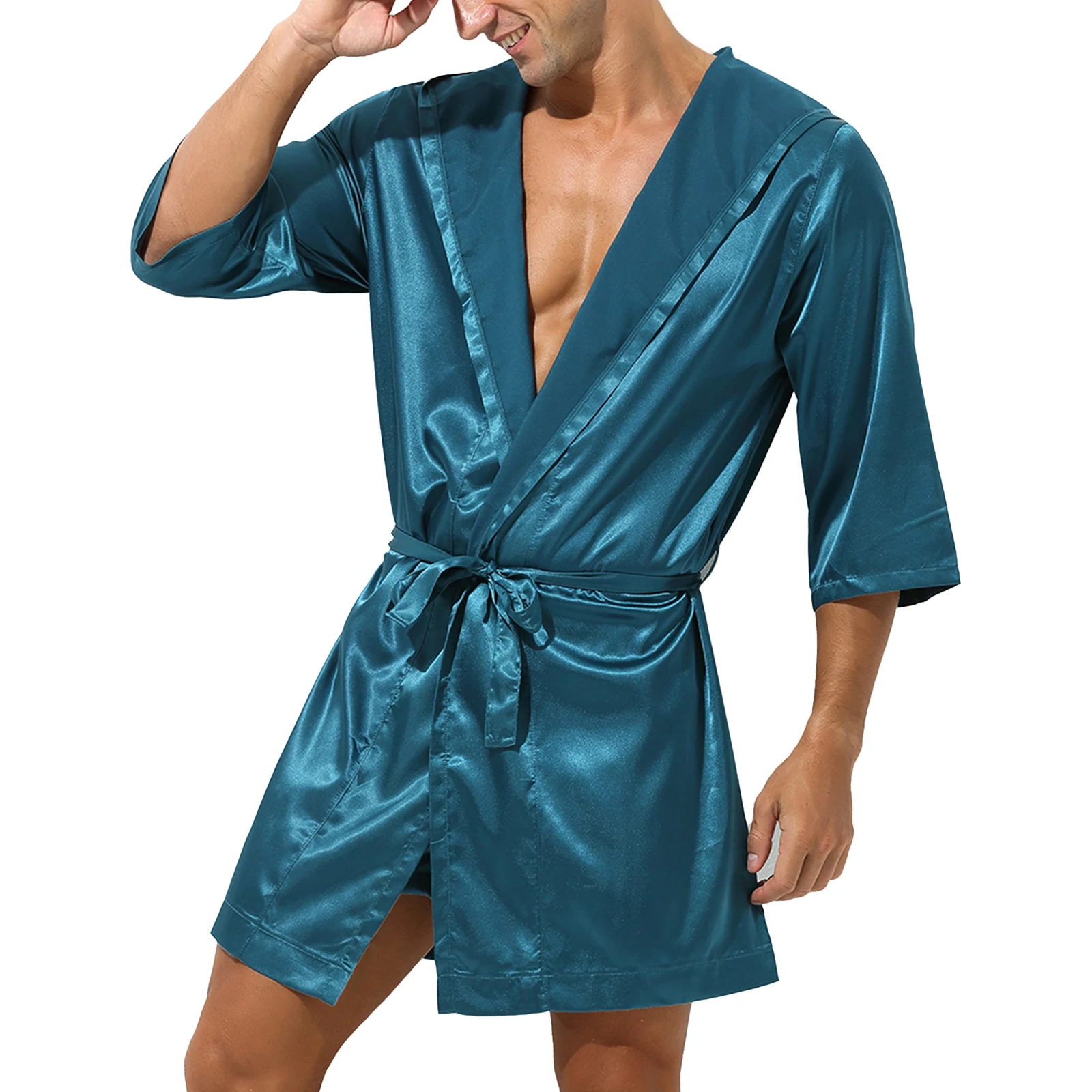 

Mens Robes Open Front Hooded Night-robe Satin Belted Kimono Half Sleeve Bathrobe Loungewear Nightwear