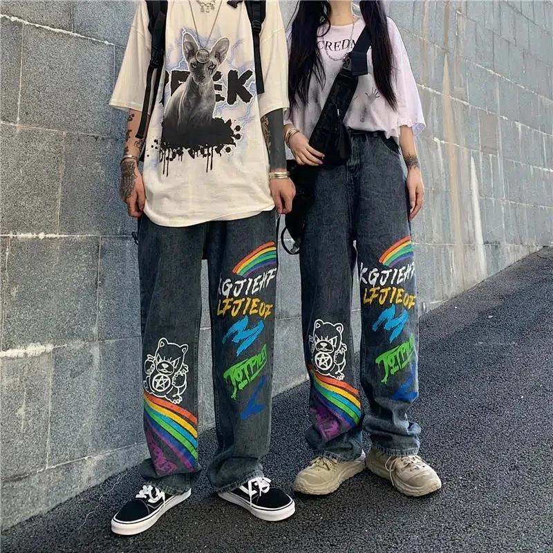 Boyfriend Jeans Women Men Loose Cartoon Graffiti Printing Straight Wide-leg Pants Korean Fashion Streetwear Draped Denim Trouse