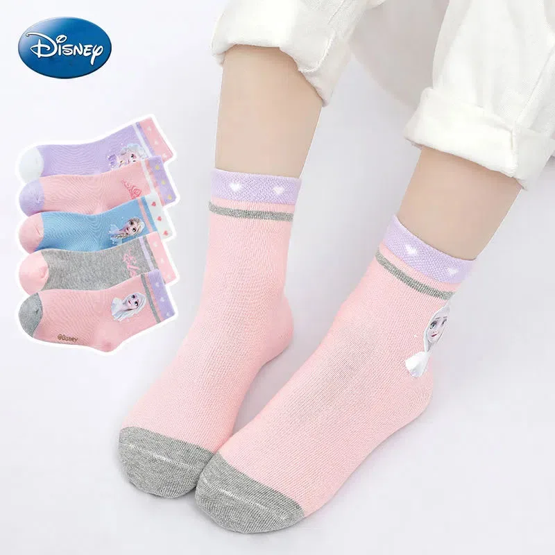 

Disney Cotton Breathable Cartoon Stockings Girls Cartoon Casual Frozen Elsa 5 Pairs of Spring and Autumn Mid-Length Stockings