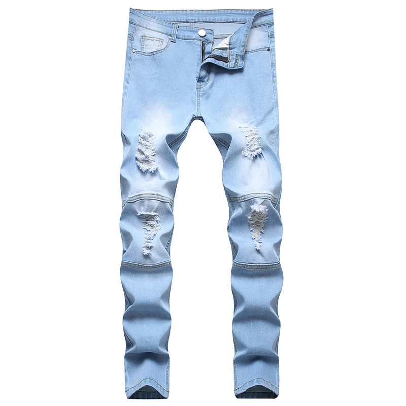 Men Pencil Pants Side Pockets Jeans Stretchy Denim Clothes Straight Overalls Slim Bikers Trousers Men's Streetwear Casual Jeans