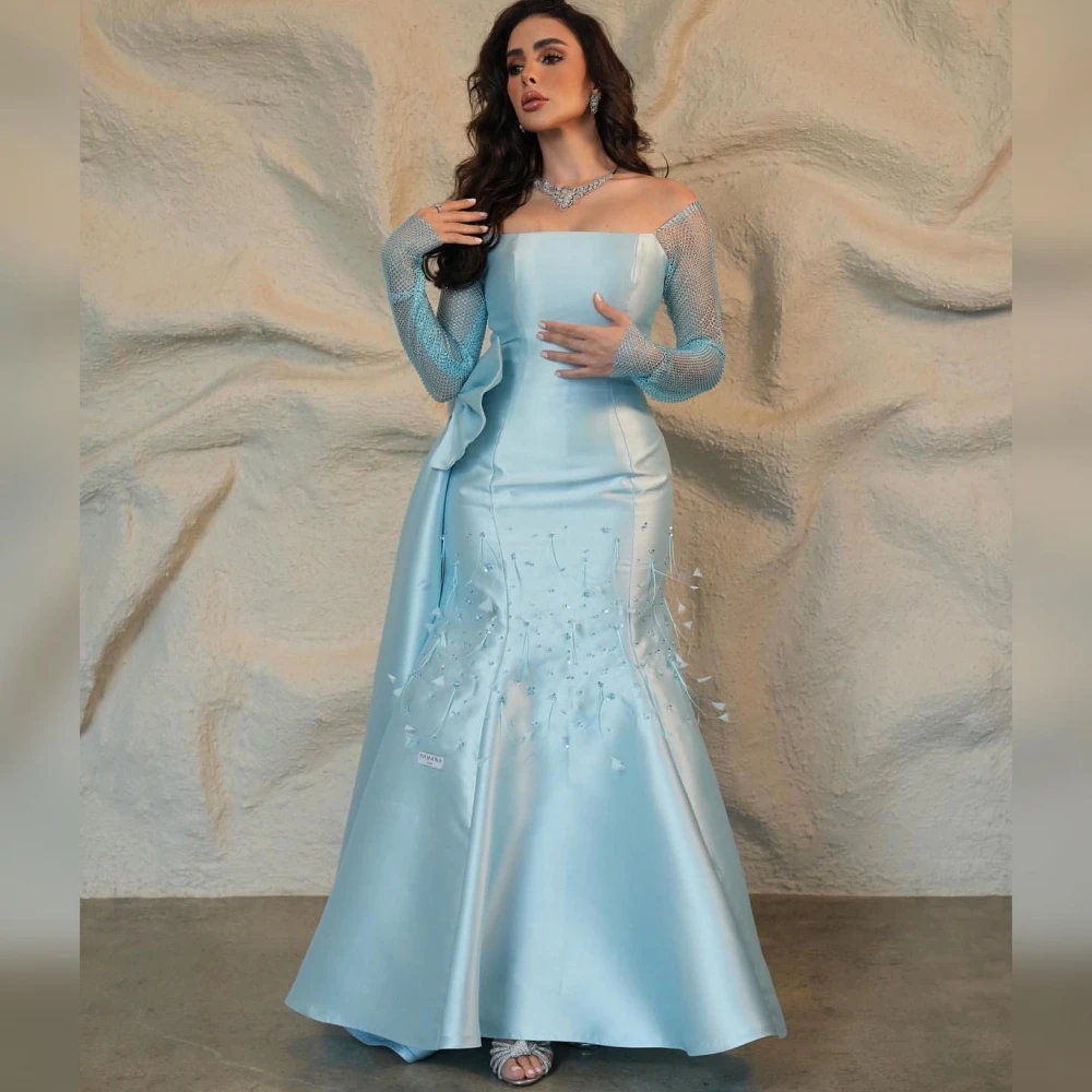 

Carolina Off Shoulder Satin Evening Dresses Women Saudi Arabia Floor Length Mermaid Wedding Guest Elegant Formal Party Gowns