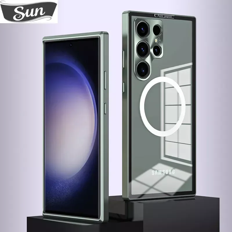 

HD Clear PC Back Aluminum Alloy Metal Case For Samsung Galaxy S23 S22 Ultra Metal Camera Protecter Magnetic Wireless Charging