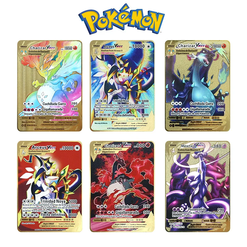 

Pokemon 183200 High Hp Metal Cards Gold English French Spanish Charizard Pikachu Mewtwo Arceus Vmax Mega GX Collection Cards