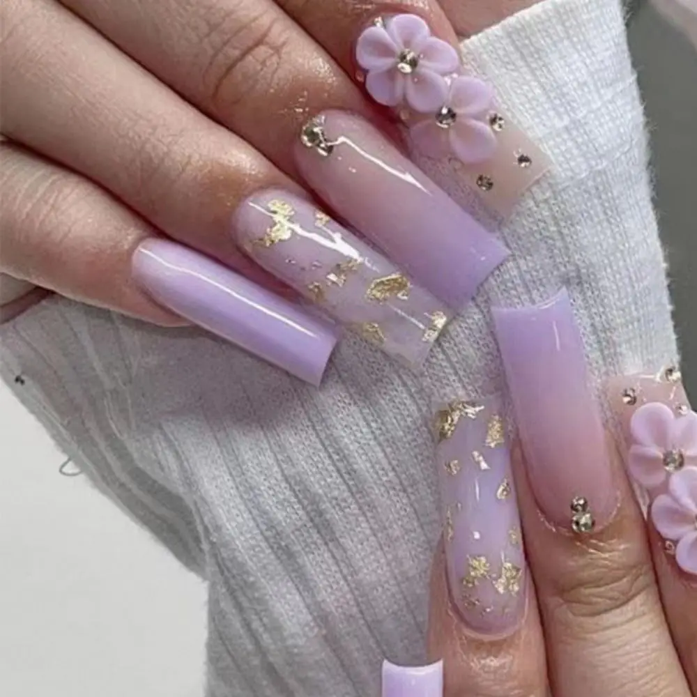 24Pc With Diamond French Fake Nail Flower Designs Ballet False Nails Press On Detachable Long Coffin Manicure Tips - купить по