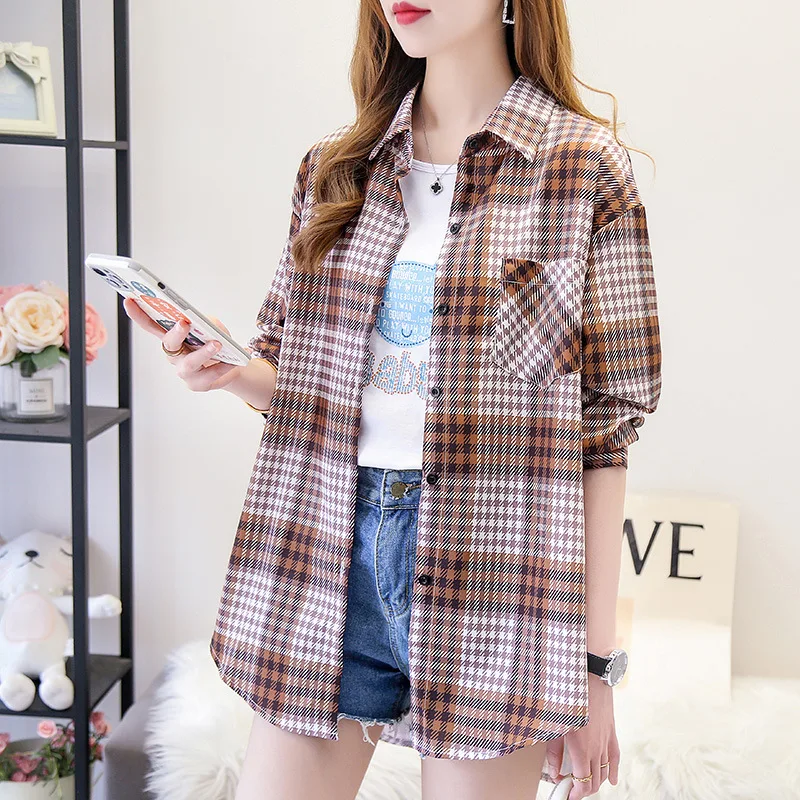 Женская тонкая рубашка в клетку топ из полиэстера с длинным рукавом Базовая для