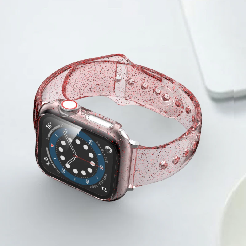 Glitter Strap+Tempered Glass Case For Apple Watch band 42mm 38mm 40mm 44mm Transparent Slim Silicone Bracelet iWatch SE 6 5 4 3