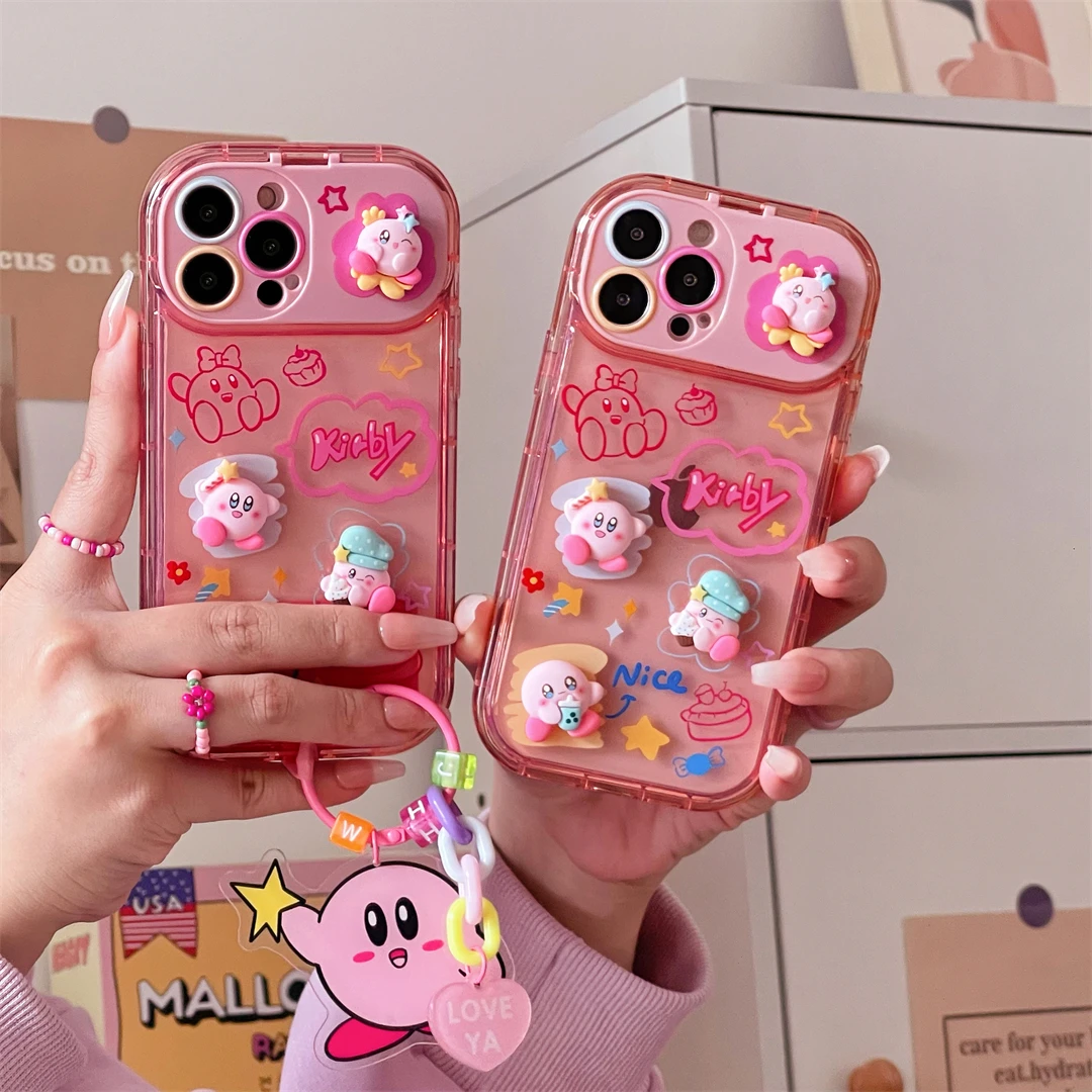 

3D kawaii Kirbys pink With Doll Ornaments Makeup Mirror Phone Cases For iPhone 14 13 12 11 Pro Max XR Plus Transparent Cover