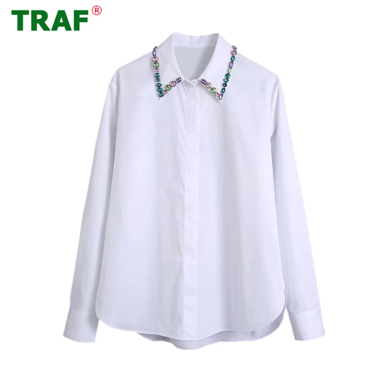 

TRAF White Button Up Shirt Women Bejeweled Collared Shirts Woman Summer Long Sleeve Blouses Women Casual Streetwear Top Female