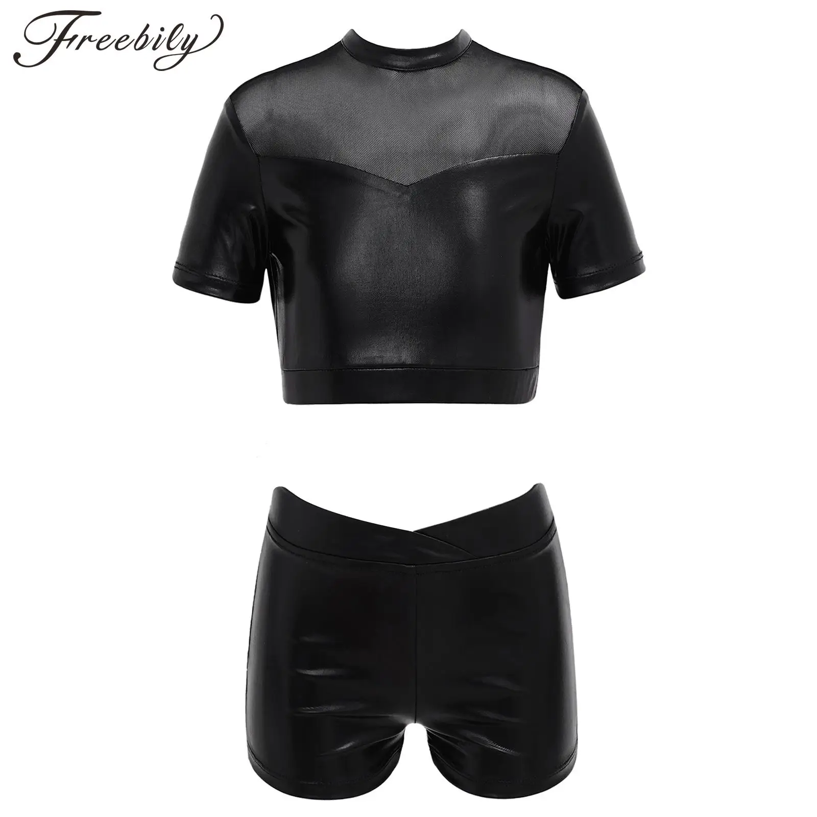 

Kids Girls Shiny Metallic Jazz Dance Outfits Short Sleeves Sheer Mesh Backless Crop Top and Shorts for Modern Dancing Workout