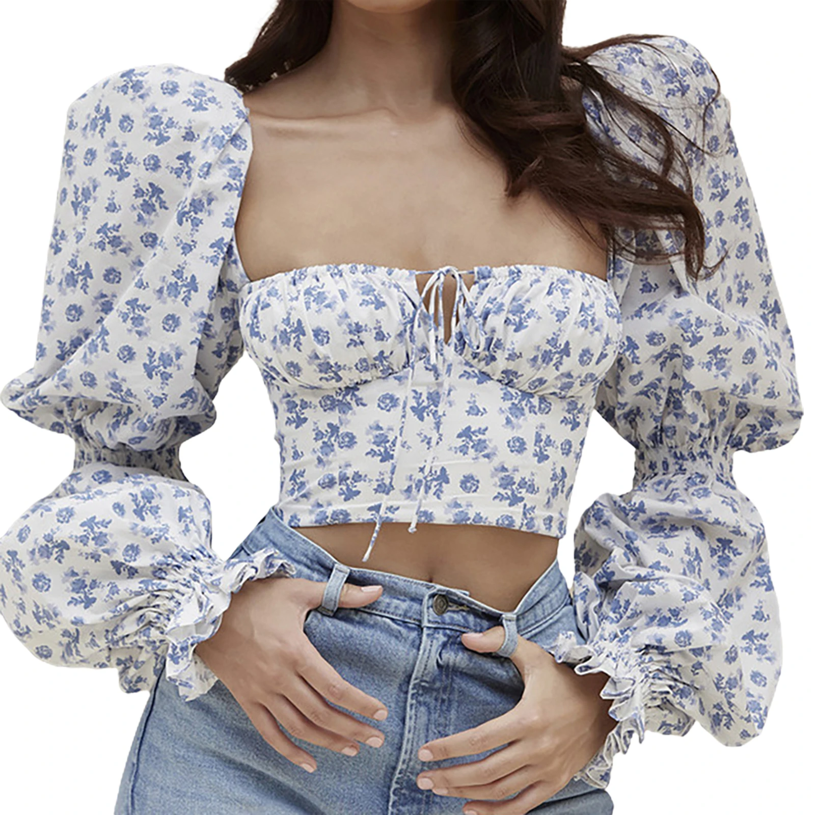 

Women's Puff Sleeve Square Collar Crop Tops Long Sleeve Floral Print Low-cut Crop T-shirt for Spring Summer