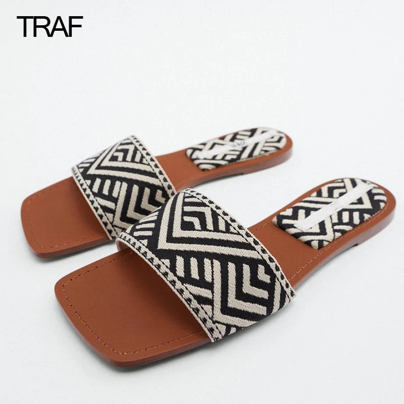 

Сандалии-слайдеры TRAF из ткани на плоской подошве, женские модные роскошные дизайнерские шлепанцы и сандалии, модель 2022 года