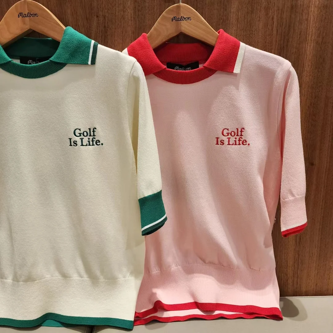 Women Golf Knitted Top Pullover Puff Sleeve Casual Sweater Blouse Shirt