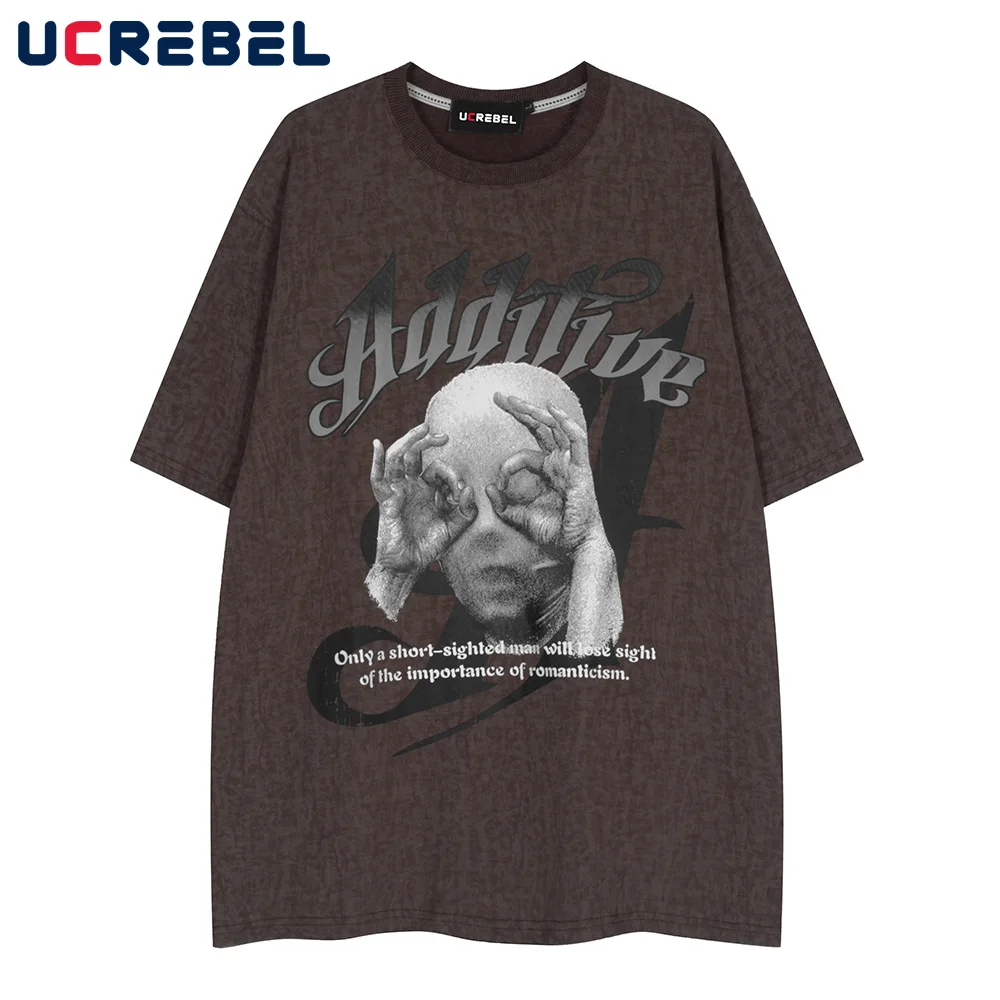 

Portrait Print Short Sleeve T-shirt Mens Summer Loose Shoulder Drop Cotton Tee Streetwear Round Neck Half-Sleeve Top Men