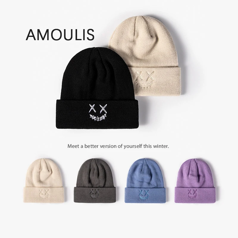 

AMOULIS Winter Knitted Hats for Women and Men Cartoon Smiley Skullies Beanies Casual Warm Ski Caps Embroidery Melon Cap Unisex