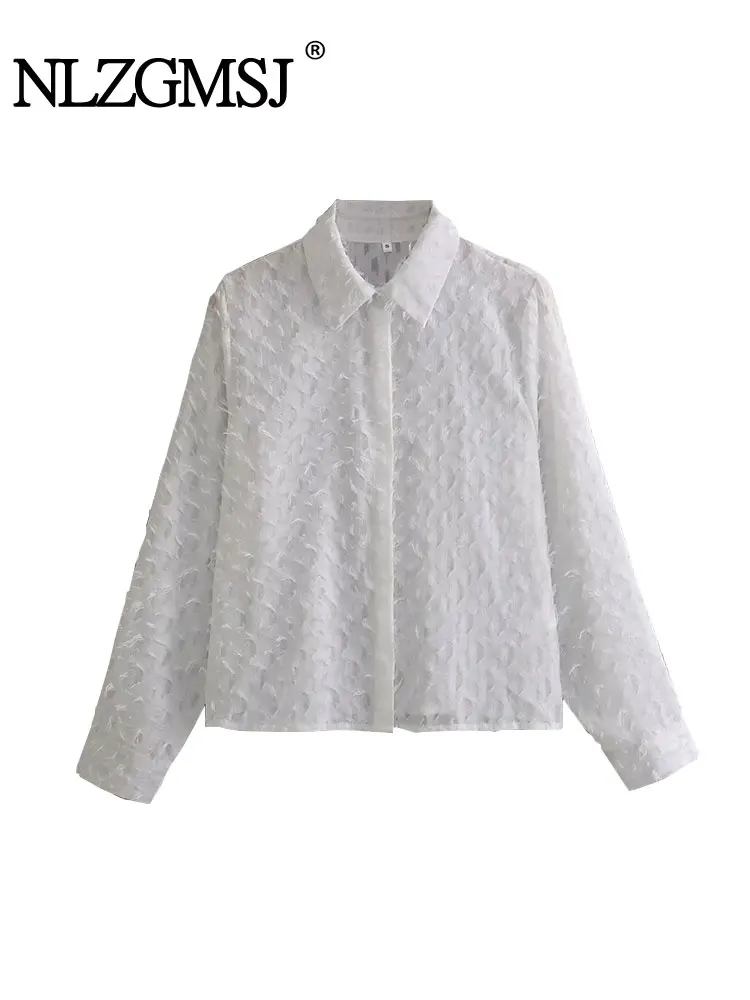 

Новинка 2023, женская рубашка Nlzgmsj TRAF с грубыми краями, кисточкой, пикантным отворотом, длинным рукавом, повседневная женская уличная одежда, сладости для малышей