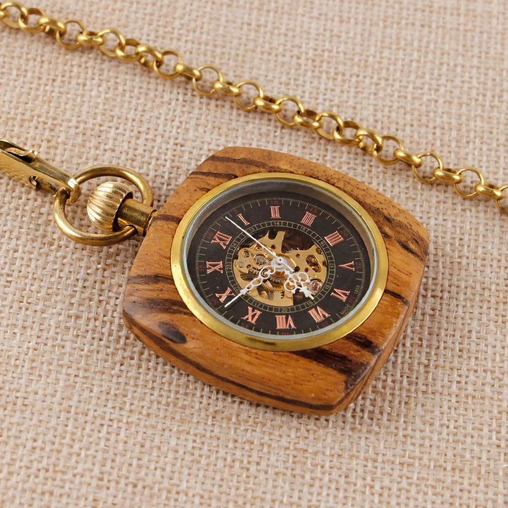 Personalized Creative Square Wood Pocket Watches Mechanical For Men Women Vintage Hand Wind Fob Watch 80cm Chain Art Collection