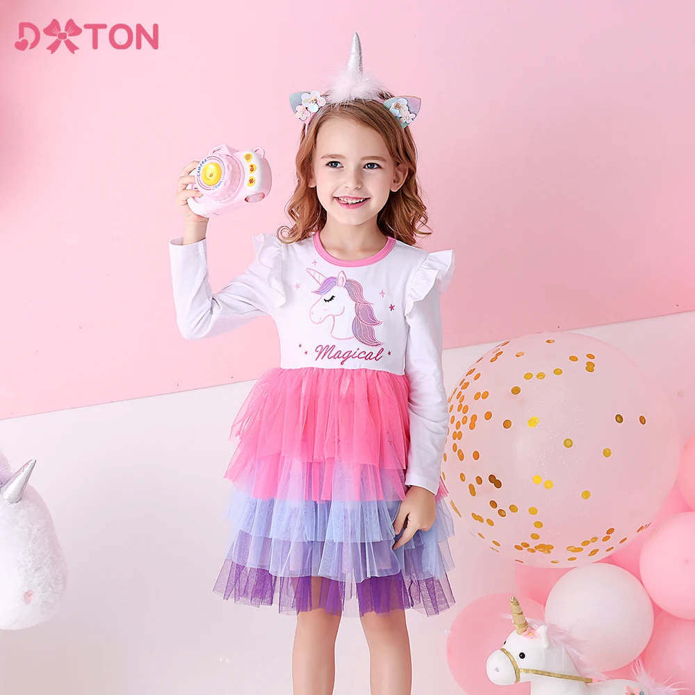 

DXTON Unicorn Girls Spring Dresses Birthday Party Girl Dress Patchwork Flying Sleeve Kids Dress Children Clothing 3-8 Years