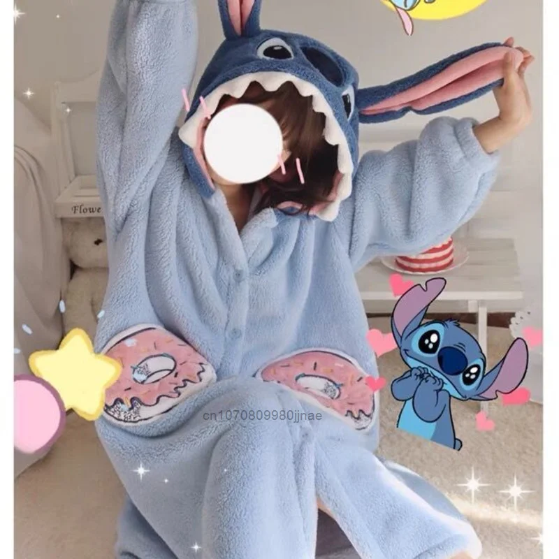 New Stitch Plush Pajama Sets Women Winter Warm Home Thicked Clothing SuitsY2K Girl Disney Cartoon Cute Hooded Nightgown Female