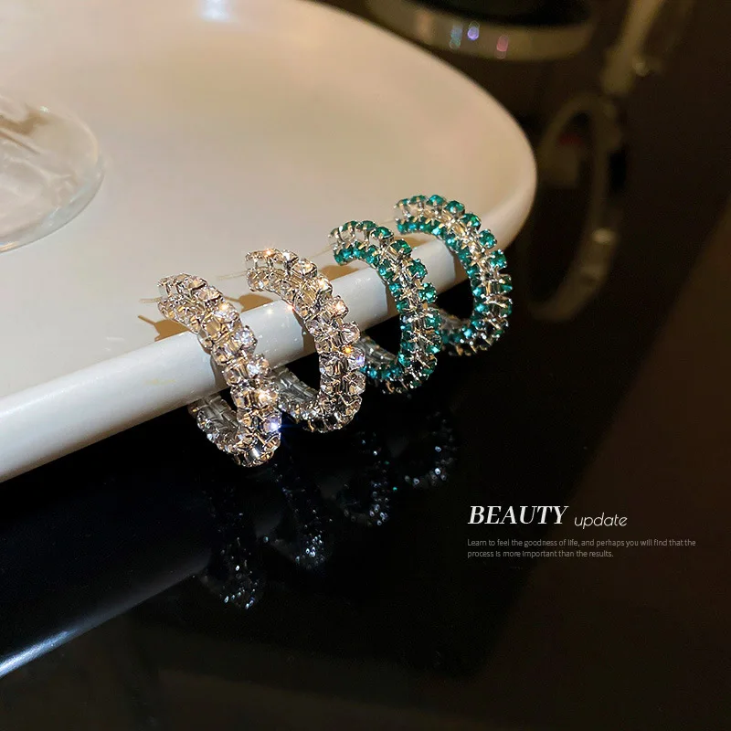

LOVOACC Luxury Shinning Blue White Color Rhinestones Hoop Earrings for Women Large C Shape Circle Earring Beach Party Jewelry