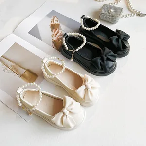 Girls Leather Shoes for Wedding Party 2022 Early Autumn Brand New Kids Flats Pearls Ankle Strap Chic in India