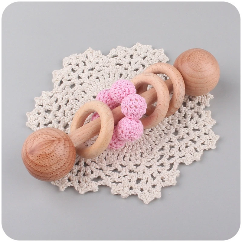 

Baby Rattle Wooden Hand Bell Teether Knitting Wool Beads Teething Toy Infants