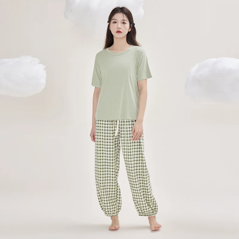 

2023 Summer New Modal Home Service Sleepwear Short-sleeved Trousers Ladies Pullover Pajamas Suit Korean Patchwork Loungewear