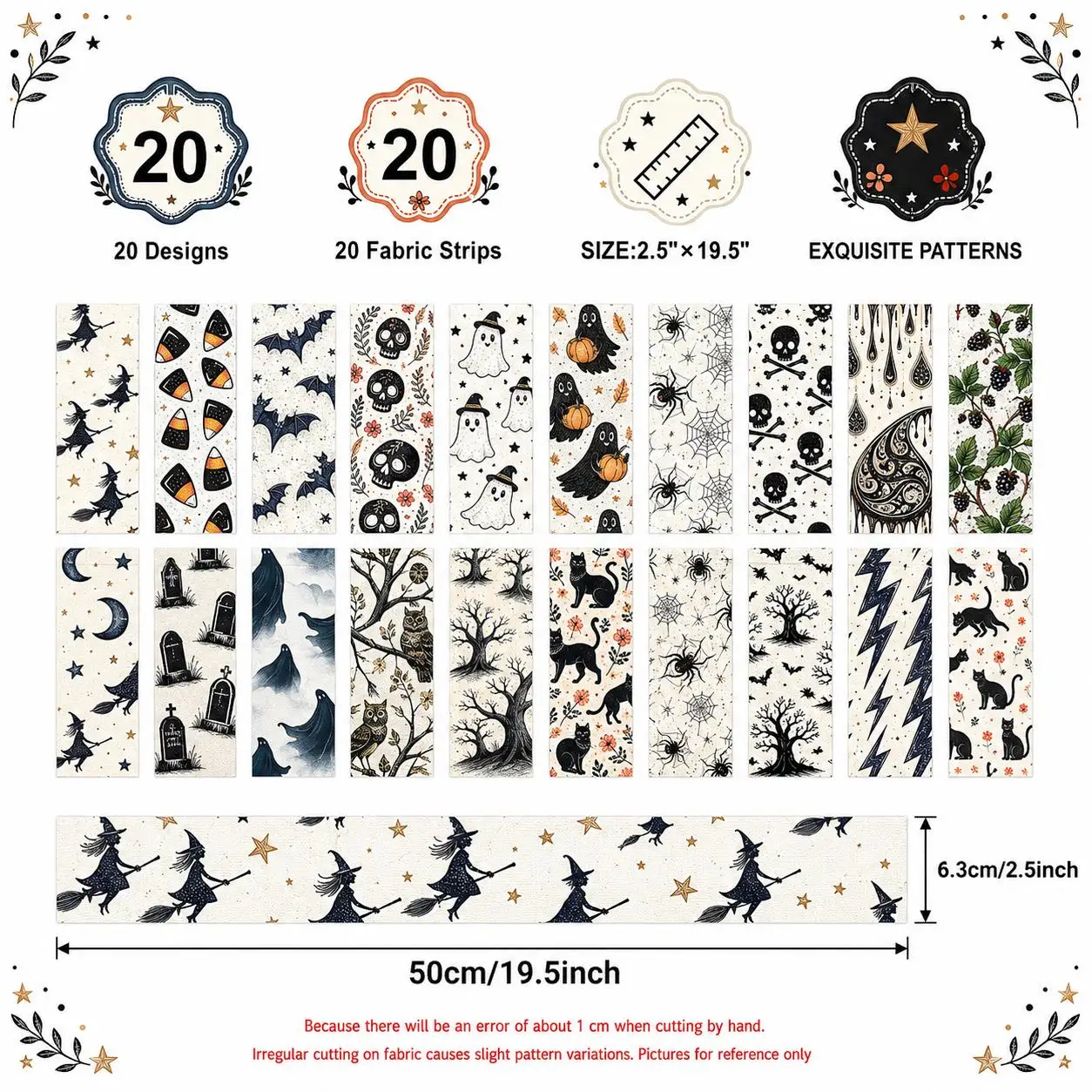 Фото Набор из 20 штук: Тканевые полоски Ghost Halloween Jelly Roll, 2.5X19.7 дюймов, предварительно нарезанные, из полиэстера, для пэчворка, квилтов, скатертей и подставок под тарелки №2