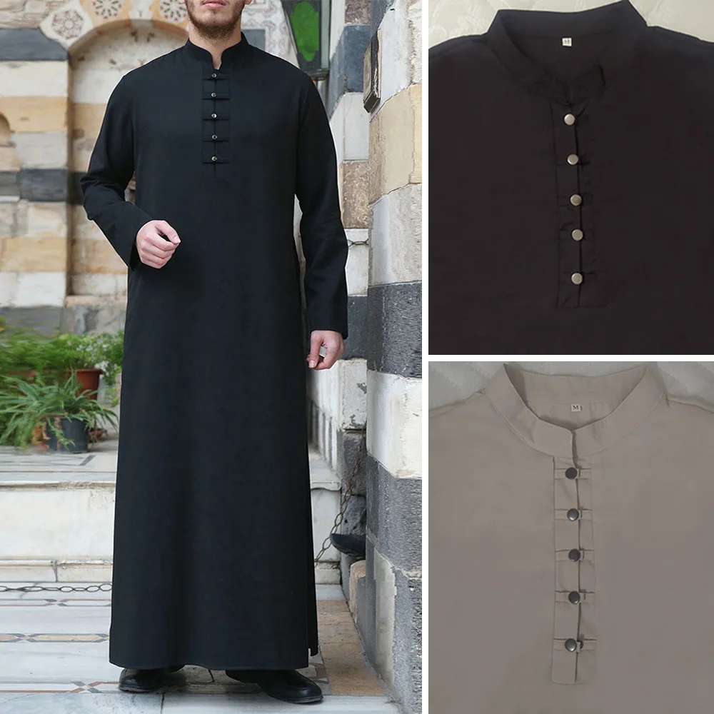 Muslim Fashion New Solid Color Men's Robe Middle East Ramadan Button Simple Atmosphere Abaya Thoub Islamic Clothing Mens Jubba