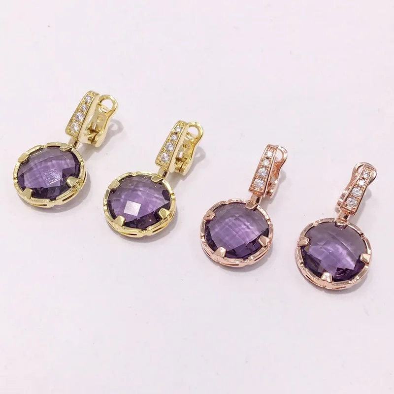 

Fashion style ear studs copper gold-plated jewelry simple retro new style with diamond round purple crystal stone shape