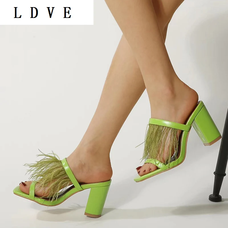 

Zapatos De Mujer NEW 2022 Summer PU Concise Shallow Open Toe Square High Heel Lazy Slippers Fringe Solid Green 35-42 NEW