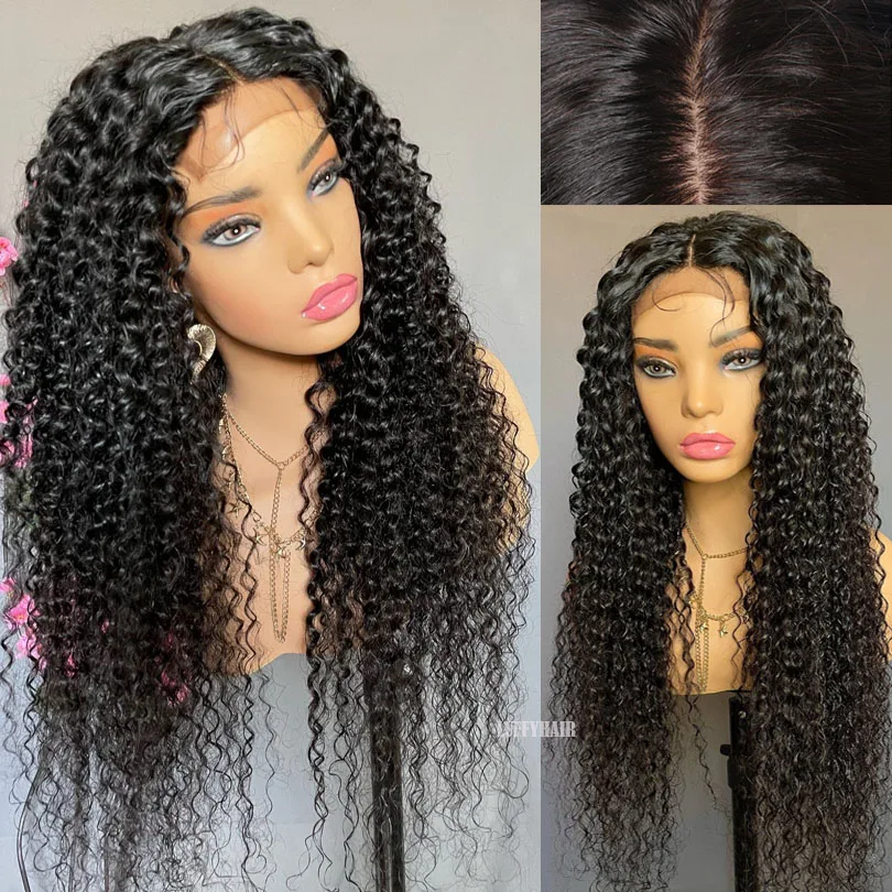 Kinky Curly Lace Front Wigs Middle Part Lace Wigs 180% Density Natural Black Glueless High Temperature With Baby Hair For Women