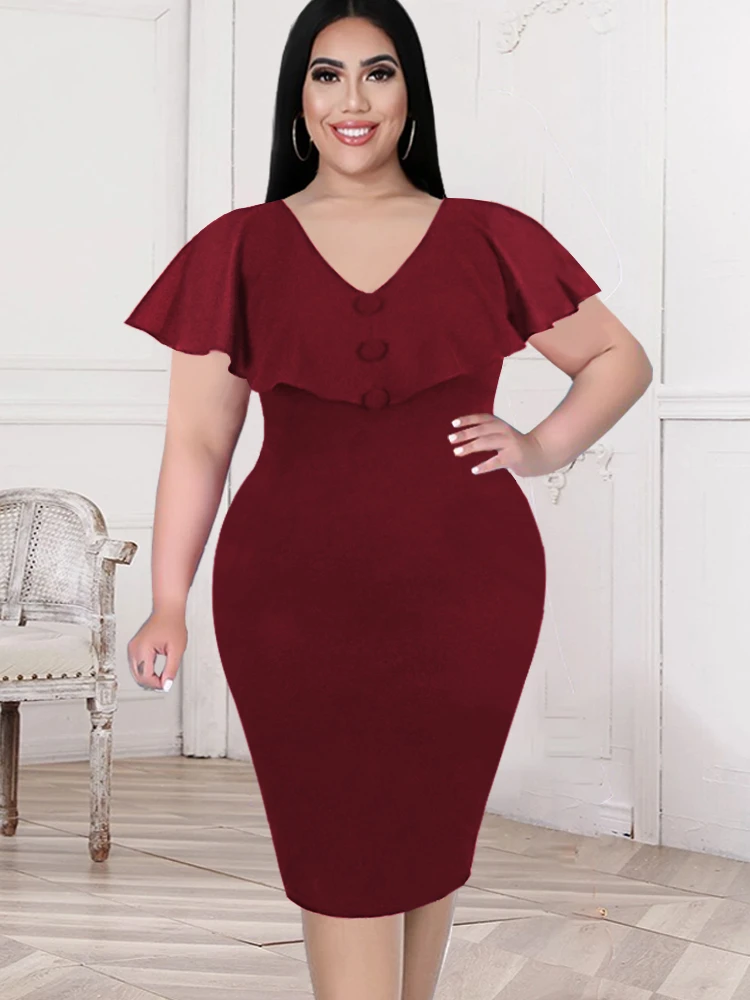 

V Neck Dress Plus Size 4XL 5XL Cap Sleeve Sexy Bodycon Chiffon Knee Length Dresses Office Lady Work Evening Party Gowns Outfits