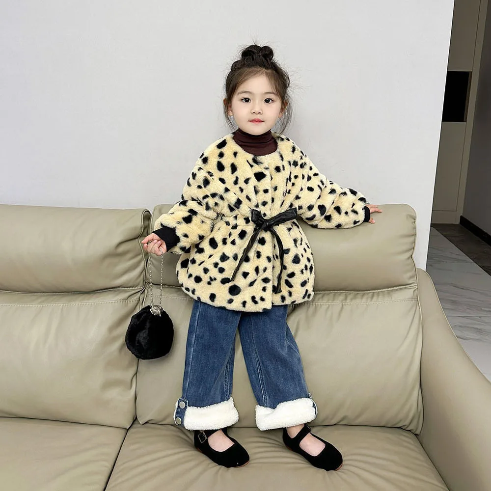 

2023 Autumn/Winter New Girls' Leopard Pattern Wool Sweater with Cotton Warm Korean Girls' Cotton Coat winter coat