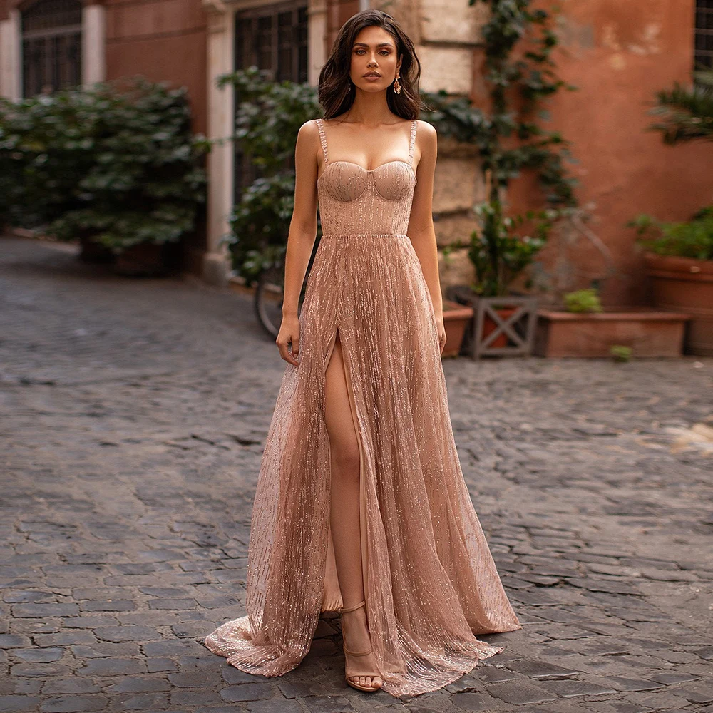 

JEHETH Glittering A-line Spaghetti Strap Evening Dress Sweetheart Neck Side Slit Prom Party Gown Sweep Train Robe De Soirée 2022