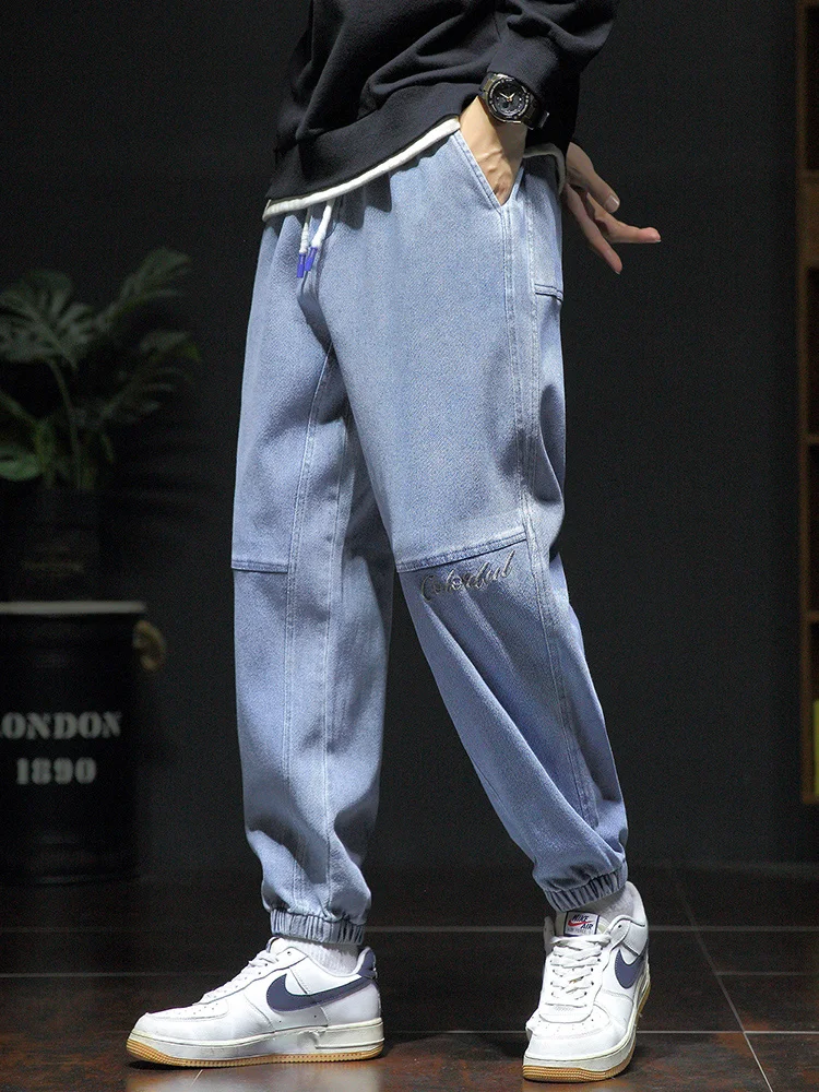 2023 New Fashion Streetwear Baggy Drawstring Jean Trousers Loose Patchwork Denim Jogger Pants Mens Big Size 5XL